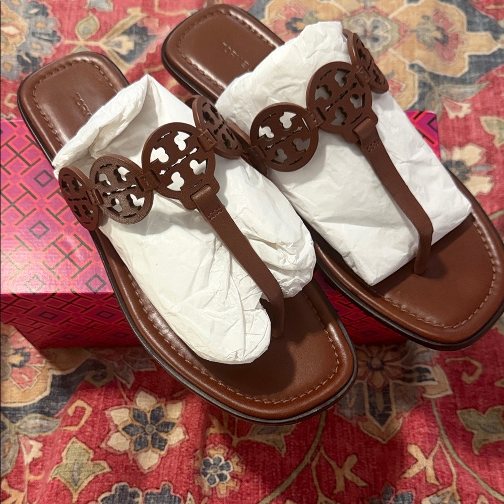 Tory Burch Brown Miller Leather Toe-Post Sandals